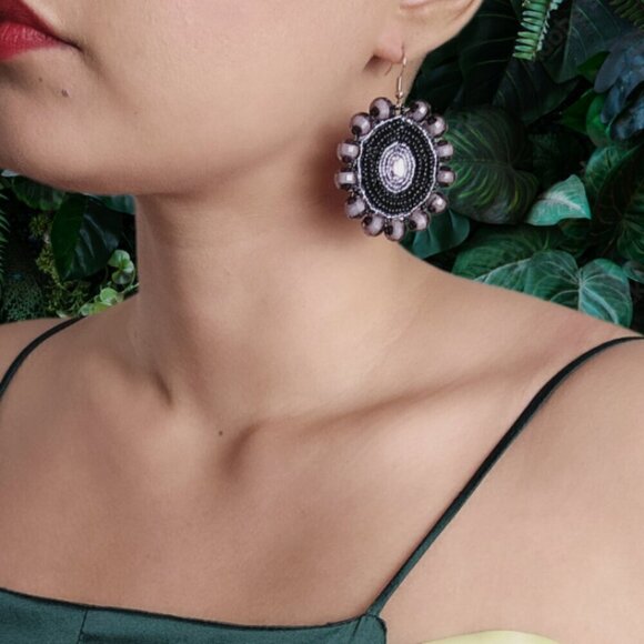 2/$27 | Purple + Black Beaded Bohemian Indigenous Native Hoop Earrings - Picture 3 of 8